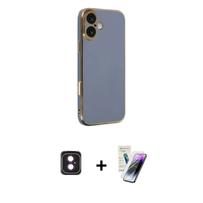 MARSİLYAN™- iPhone 16 Kılıf Yankı Serisi - Şeffaf Pasifik Cam Ekran Koruyucu + PVD Metal Kamera Lens - PE