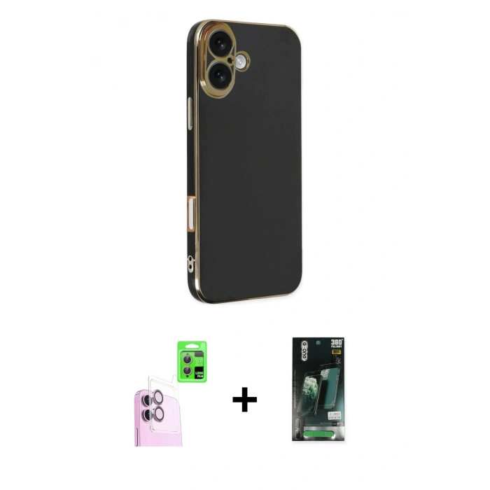 MARSİLYAN™- iPhone 16 Kılıf Yankı Serisi - Siyah 360 Mat Full Body Arka Koruyucu + Raze Metal Kamera Lens - PE