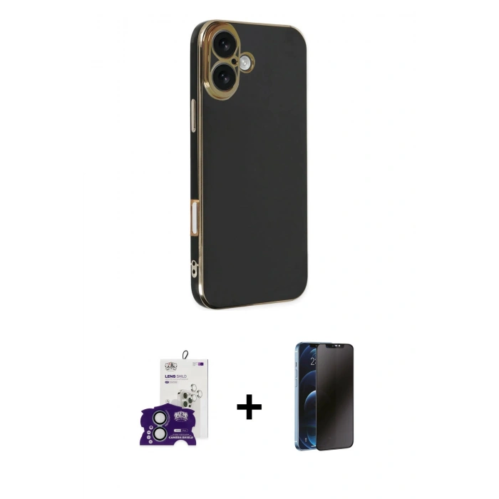 MARSİLYAN™- iPhone 16 Kılıf Yankı Serisi - Siyah 3D Antistatik Hayalet Cam Ekran Koruyucu + Bilvis Titan Kamera Lens - YL