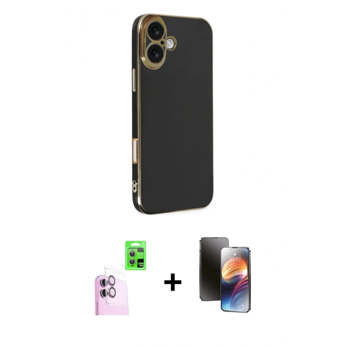 MARSİLYAN™- iPhone 16 Kılıf Yankı Serisi - Siyah 3D Antistatik Mat Seramik Nano Ekran Koruyucu + Raze Metal Kamera Lens - PE