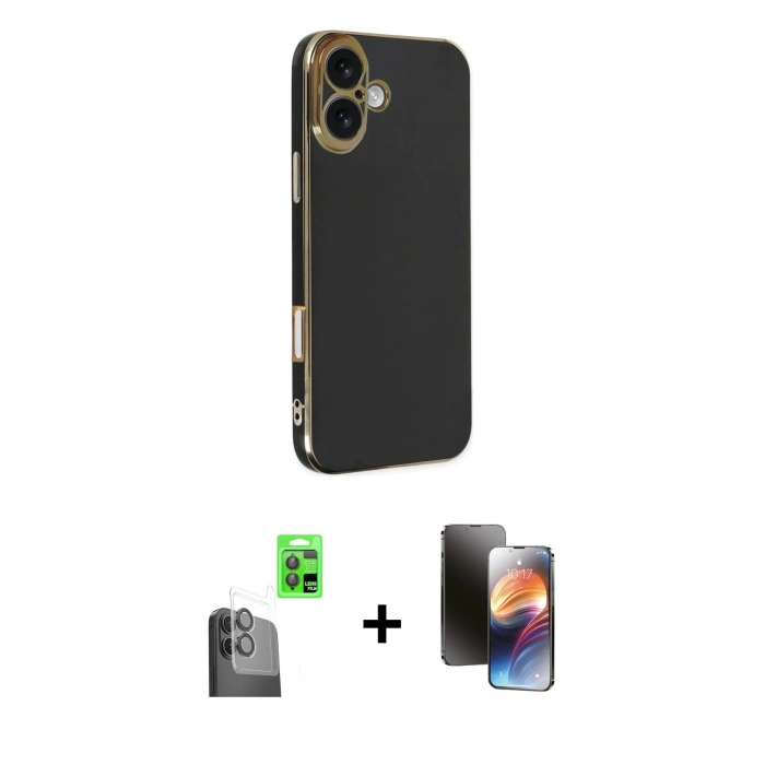 MARSİLYAN™- iPhone 16 Kılıf Yankı Serisi - Siyah 3D Antistatik Mat Seramik Nano Ekran Koruyucu + Raze Metal Kamera Lens - SH