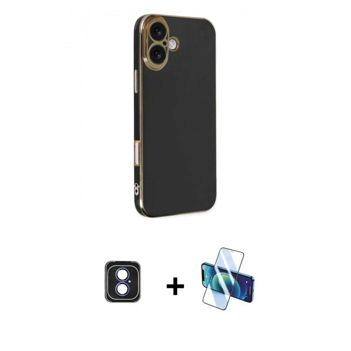 MARSİLYAN™- iPhone 16 Kılıf Yankı Serisi - Siyah 3D Antistatik Seramik Nano Ekran Koruyucu + PVD Metal Kamera Lens - MI