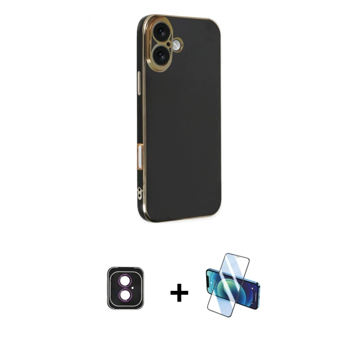 MARSİLYAN™- iPhone 16 Kılıf Yankı Serisi - Siyah 3D Antistatik Seramik Nano Ekran Koruyucu + PVD Metal Kamera Lens - PE