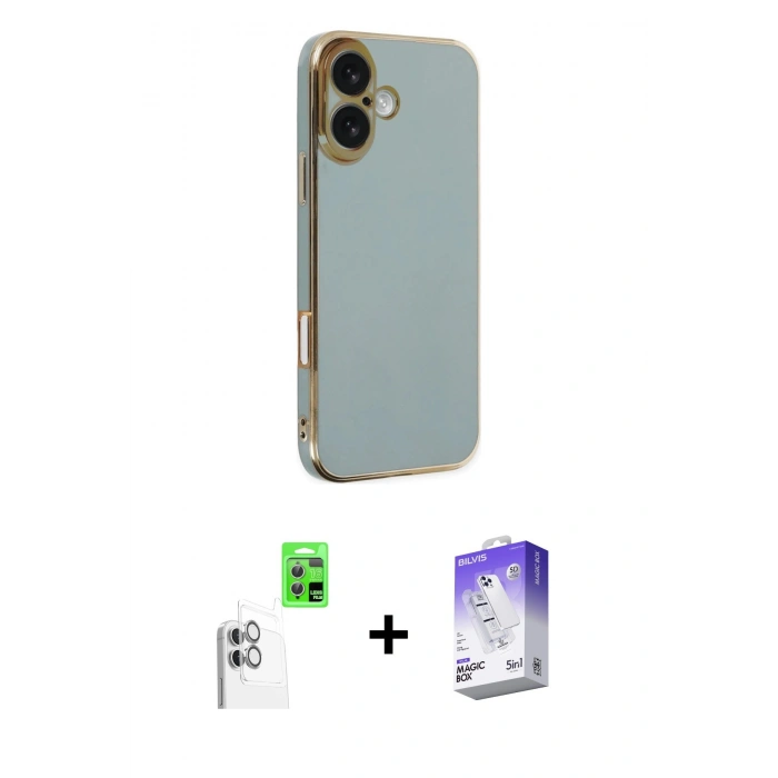 MARSİLYAN™- iPhone 16 Kılıf Yankı Serisi - Siyah Bilvis 5in1 3D Magic Cam Ekran Koruyucu + Raze Metal Kamera Lens - BZ