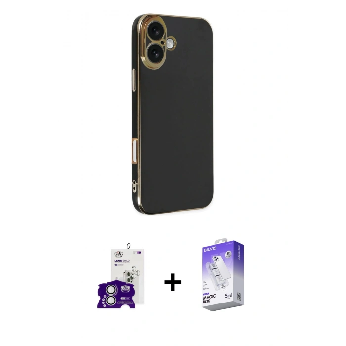 MARSİLYAN™- iPhone 16 Kılıf Yankı Serisi - Siyah Bilvis 5in1 3D Magic Cam Ekran Koruyucu + Bilvis Titan Kamera Lens - GS