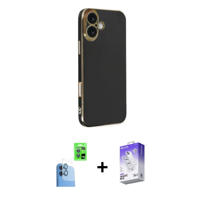 MARSİLYAN™- iPhone 16 Kılıf Yankı Serisi - Siyah Bilvis 5in1 3D Magic Cam Ekran Koruyucu + Raze Metal Kamera Lens - LT