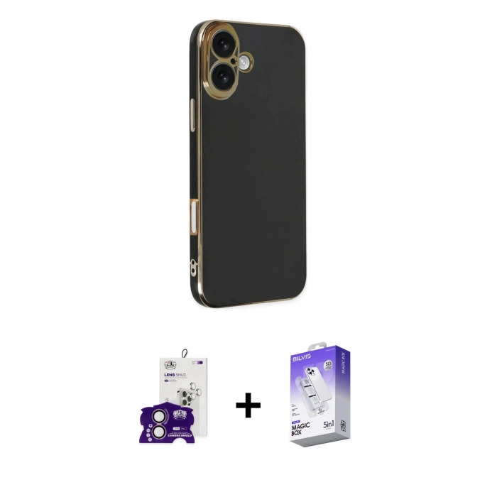 MARSİLYAN™- iPhone 16 Kılıf Yankı Serisi - Siyah Bilvis 5in1 3D Magic Cam Ekran Koruyucu + Bilvis Titan Kamera Lens - PE
