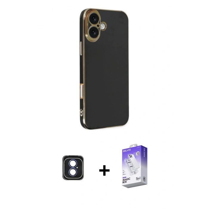 MARSİLYAN™- iPhone 16 Kılıf Yankı Serisi - Siyah Bilvis 5in1 3D Magic Cam Ekran Koruyucu + PVD Metal Kamera Lens - MI