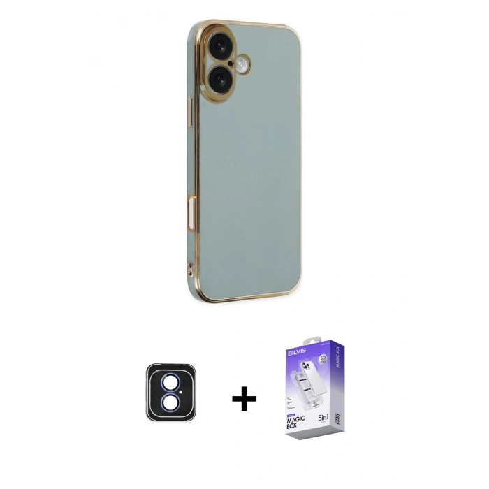 MARSİLYAN™- iPhone 16 Kılıf Yankı Serisi - Siyah Bilvis 5in1 3D Magic Cam Ekran Koruyucu + PVD Metal Kamera Lens - MI