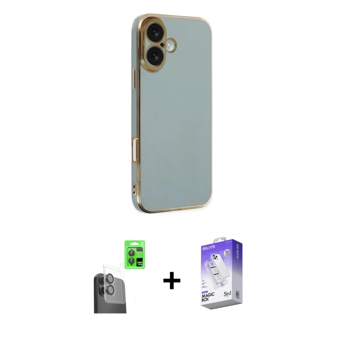 MARSİLYAN™- iPhone 16 Kılıf Yankı Serisi - Siyah Bilvis 5in1 3D Magic Cam Ekran Koruyucu + Raze Metal Kamera Lens - SH