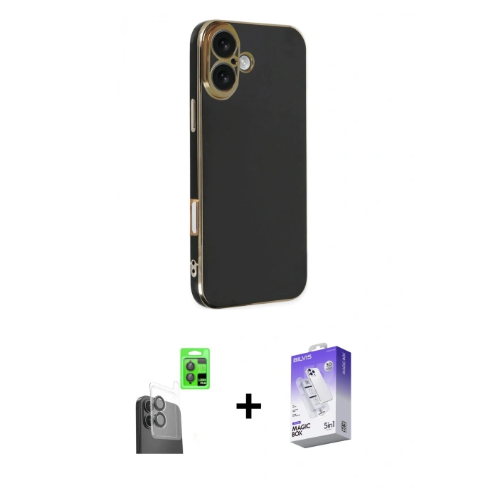 MARSİLYAN™- iPhone 16 Kılıf Yankı Serisi - Siyah Bilvis 5in1 3D Magic Cam Ekran Koruyucu + Raze Metal Kamera Lens - SH