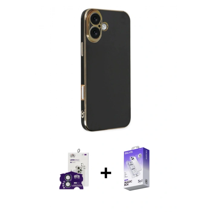 MARSİLYAN™- iPhone 16 Kılıf Yankı Serisi - Siyah Bilvis 5in1 3D Magic Cam Ekran Koruyucu + Bilvis Titan Kamera Lens - YL