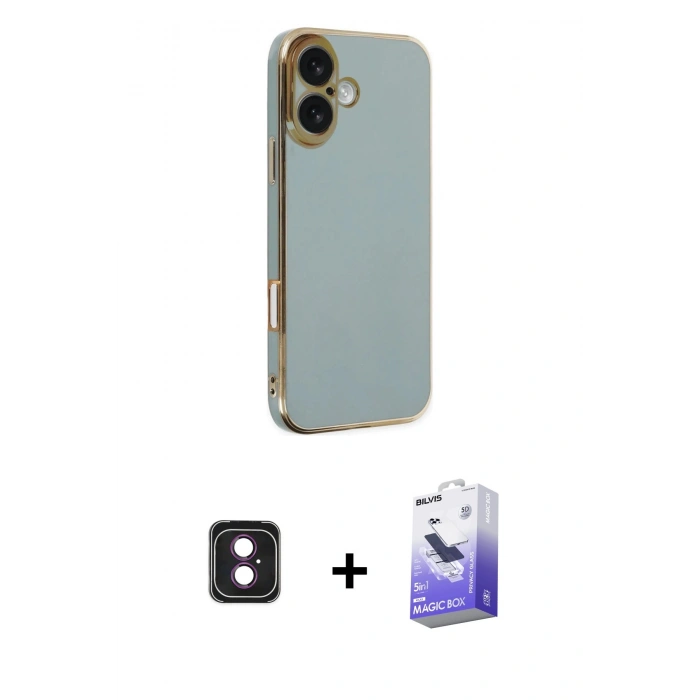 MARSİLYAN™- iPhone 16 Kılıf Yankı Serisi - Siyah Bilvis 5in1 5D Magic Hayalet Cam Ekran Koruyucu + PVD Metal Kamera Lens - PE