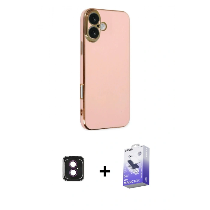 MARSİLYAN™- iPhone 16 Kılıf Yankı Serisi - Siyah Bilvis 5in1 5D Magic Hayalet Cam Ekran Koruyucu + PVD Metal Kamera Lens - PE