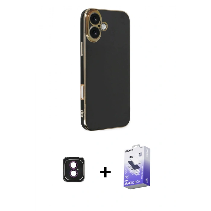 MARSİLYAN™- iPhone 16 Kılıf Yankı Serisi - Siyah Bilvis 5in1 5D Magic Hayalet Cam Ekran Koruyucu + PVD Metal Kamera Lens - PE