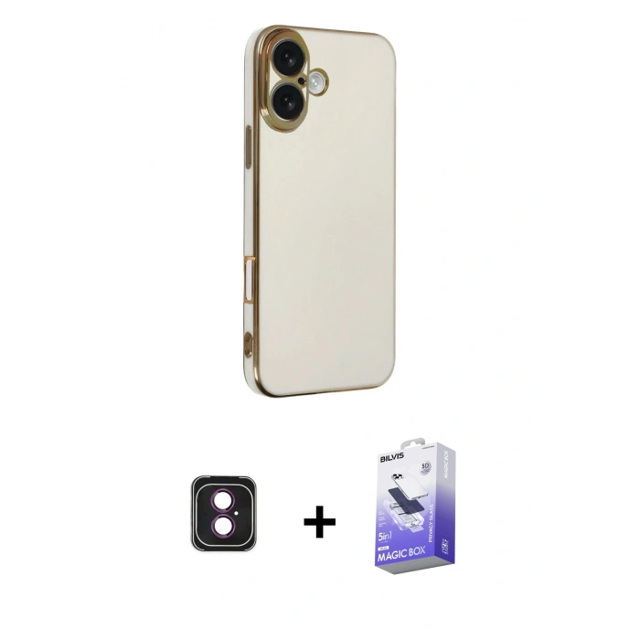 MARSİLYAN™- iPhone 16 Kılıf Yankı Serisi - Siyah Bilvis 5in1 5D Magic Hayalet Cam Ekran Koruyucu + PVD Metal Kamera Lens - PE
