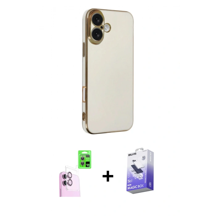 MARSİLYAN™- iPhone 16 Kılıf Yankı Serisi - Siyah Bilvis 5in1 5D Magic Hayalet Cam Ekran Koruyucu + Raze Metal Kamera Lens - PE