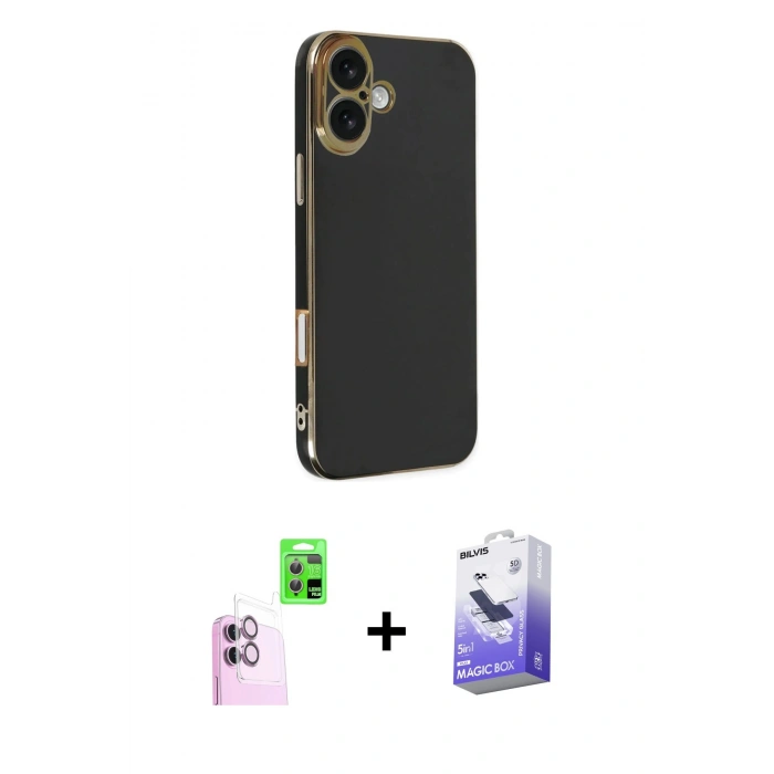 MARSİLYAN™- iPhone 16 Kılıf Yankı Serisi - Siyah Bilvis 5in1 5D Magic Hayalet Cam Ekran Koruyucu + Raze Metal Kamera Lens - PE