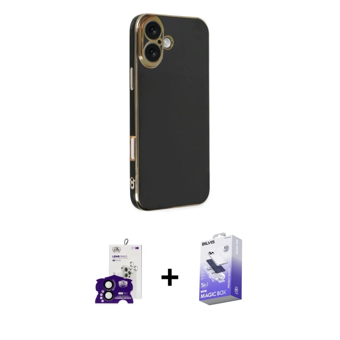MARSİLYAN™- iPhone 16 Kılıf Yankı Serisi - Siyah Bilvis 5in1 5D Magic Hayalet Cam Ekran Koruyucu + Bilvis Titan Kamera Lens - SH