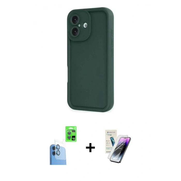 MARSİLYAN™- iPhone 16 Kılıf Yankı Yansıma Özel Seri - Şeffaf Pasifik Cam Ekran Koruyucu + Lacivert Raze Metal Kamera Lens