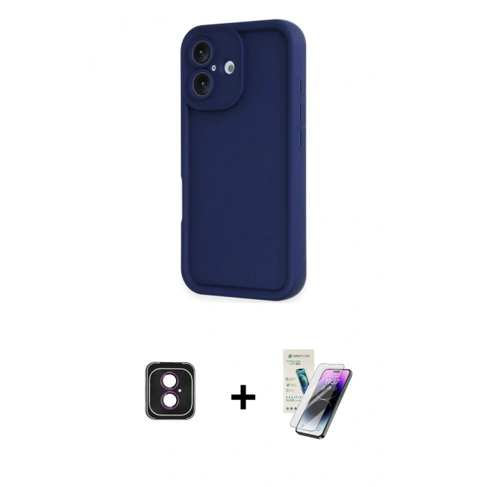 MARSİLYAN™- iPhone 16 Kılıf Yankı Yansıma Özel Seri - Şeffaf Pasifik Cam Ekran Koruyucu + PVD Metal Kamera Lens - PE