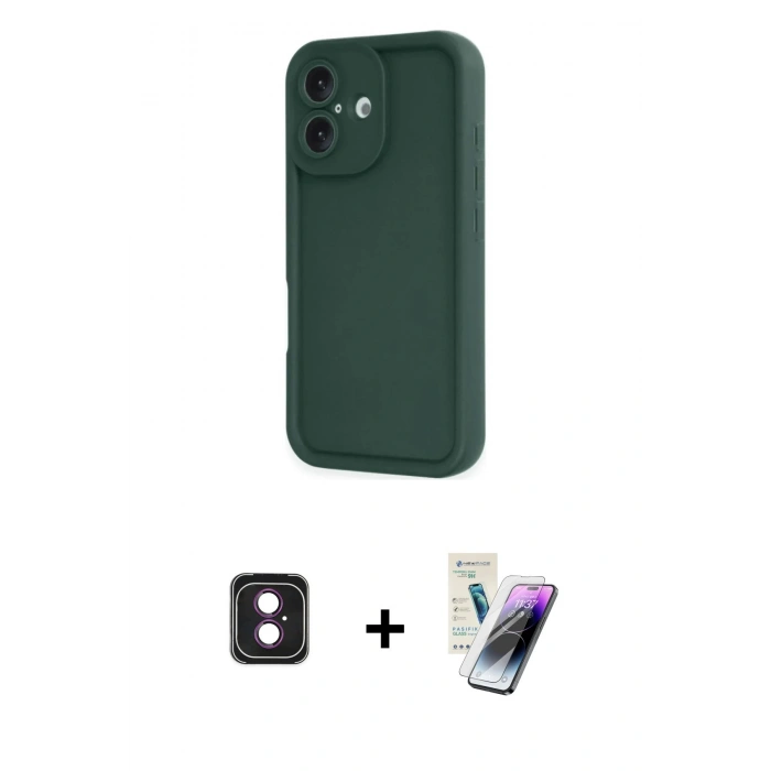MARSİLYAN™- iPhone 16 Kılıf Yankı Yansıma Özel Seri - Şeffaf Pasifik Cam Ekran Koruyucu + PVD Metal Kamera Lens - PE