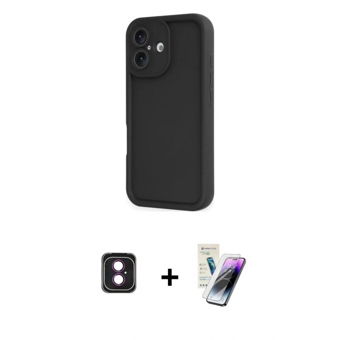 MARSİLYAN™- iPhone 16 Kılıf Yankı Yansıma Özel Seri - Şeffaf Pasifik Cam Ekran Koruyucu + PVD Metal Kamera Lens - PE