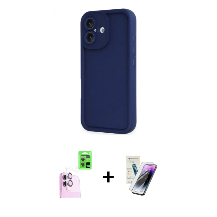 MARSİLYAN™- iPhone 16 Kılıf Yankı Yansıma Özel Seri - Şeffaf Pasifik Cam Ekran Koruyucu + Pembe Raze Metal Kamera Lens