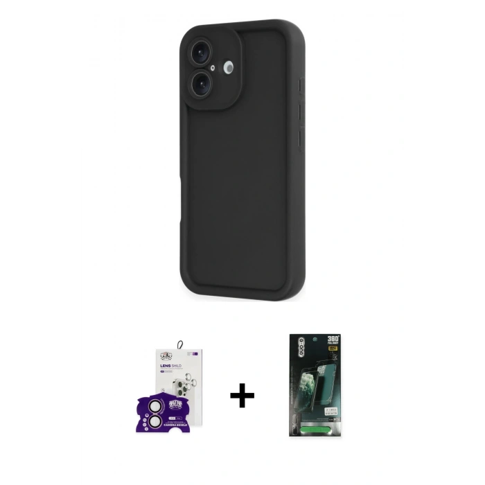 MARSİLYAN™- iPhone 16 Kılıf Yankı Yansıma Özel Seri - Siyah 360 Mat Full Body Arka Koruyucu + Bilvis Titan Kamera Lens - PE