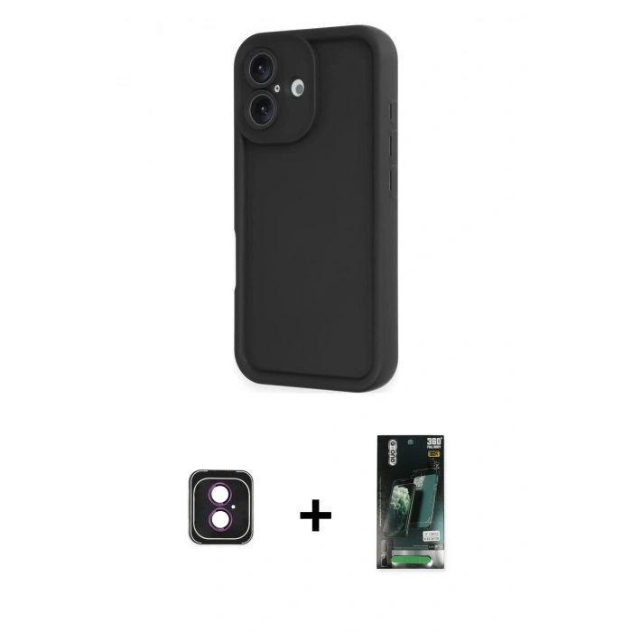 MARSİLYAN™- iPhone 16 Kılıf Yankı Yansıma Özel Seri - Siyah 360 Mat Full Body Arka Koruyucu + PVD Metal Kamera Lens - PE