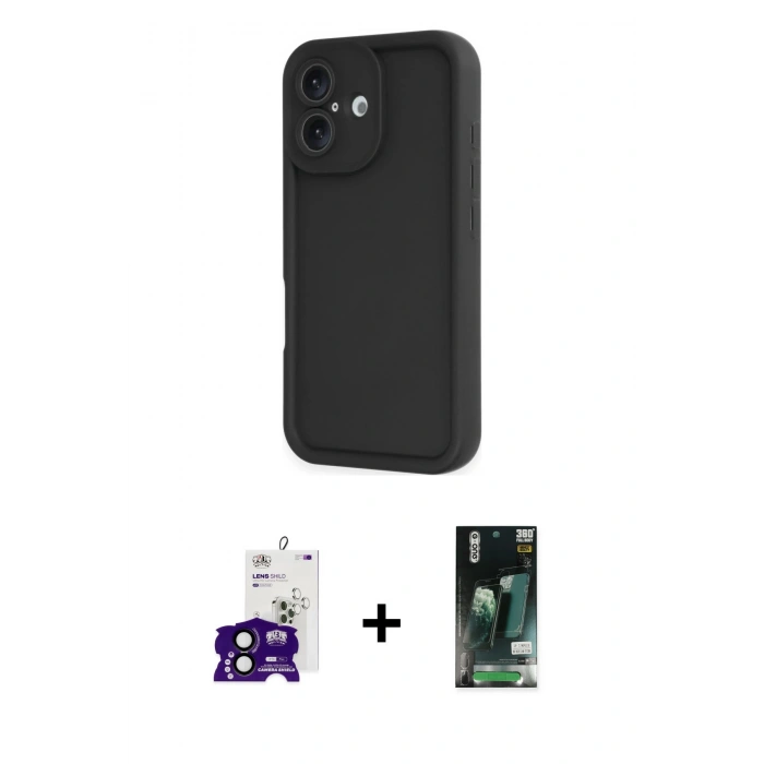 MARSİLYAN™- iPhone 16 Kılıf Yankı Yansıma Özel Seri - Siyah 360 Mat Full Body Arka Koruyucu + Bilvis Titan Kamera Lens - SH