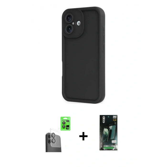 MARSİLYAN™- iPhone 16 Kılıf Yankı Yansıma Özel Seri - Siyah 360 Mat Full Body Arka Koruyucu + Raze Metal Kamera Lens - SH
