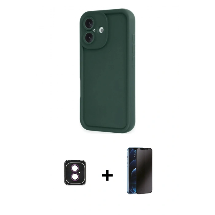 MARSİLYAN™- iPhone 16 Kılıf Yankı Yansıma Özel Seri - Siyah 3D Antistatik Hayalet Cam Ekran Koruyucu + PVD Metal Kamera Lens - PE