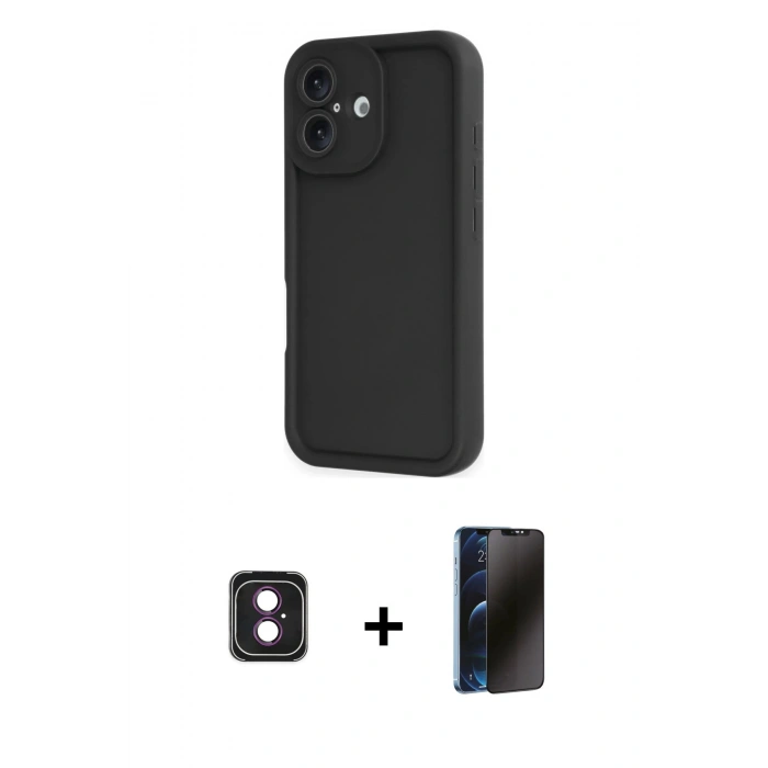 MARSİLYAN™- iPhone 16 Kılıf Yankı Yansıma Özel Seri - Siyah 3D Antistatik Hayalet Cam Ekran Koruyucu + PVD Metal Kamera Lens - PE