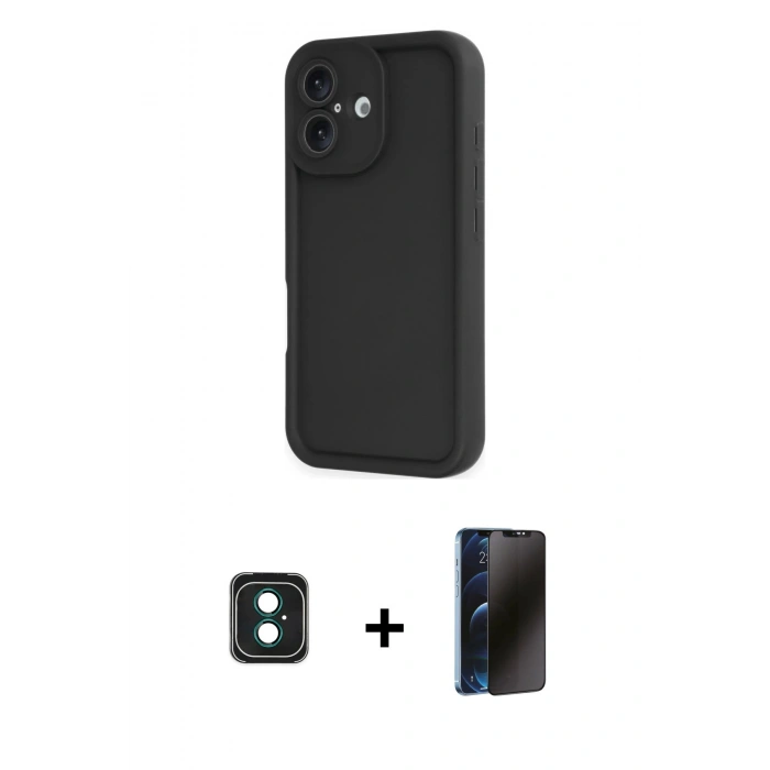 MARSİLYAN™- iPhone 16 Kılıf Yankı Yansıma Özel Seri - Siyah 3D Antistatik Hayalet Cam Ekran Koruyucu + PVD Metal Kamera Lens - YL