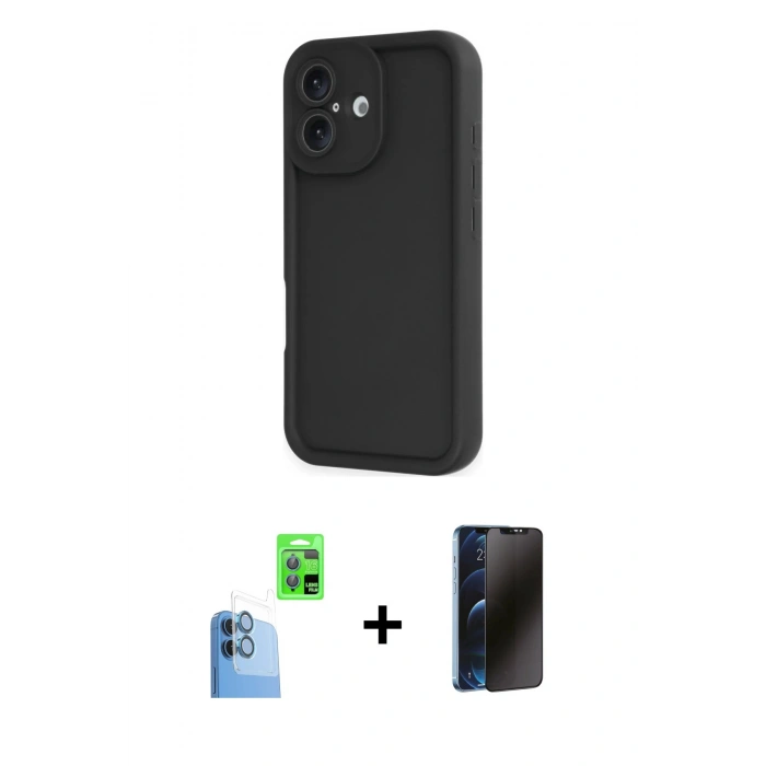 MARSİLYAN™- iPhone 16 Kılıf Yankı Yansıma Özel Seri - Siyah 3D Antistatik Hayalet Cam Ekran Koruyucu + Raze Metal Kamera Lens - LT
