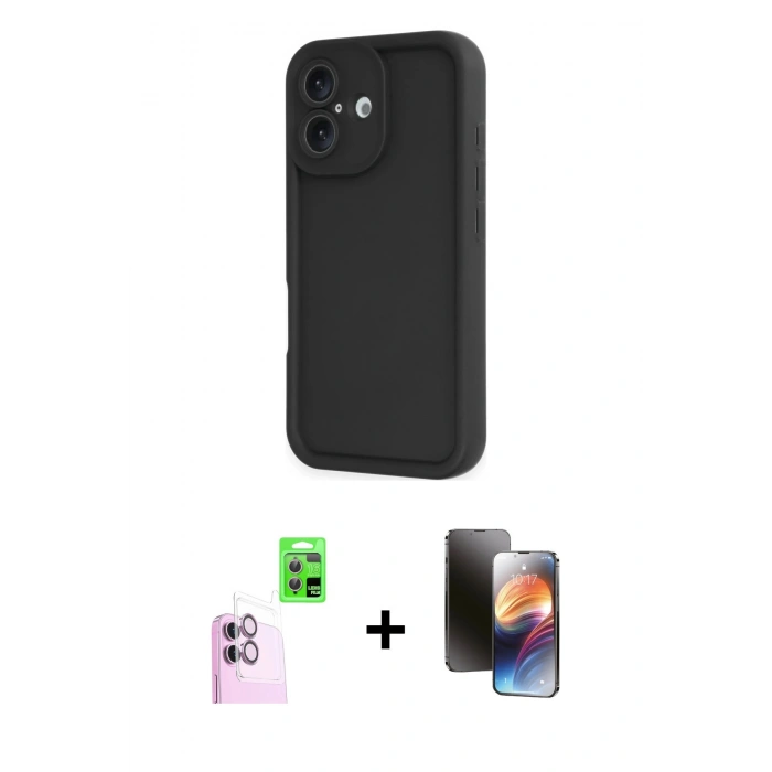 MARSİLYAN™- iPhone 16 Kılıf Yankı Yansıma Özel Seri - Siyah 3D Antistatik Mat Seramik Nano Ekran Koruyucu + Raze Metal Kamera Lens - PE