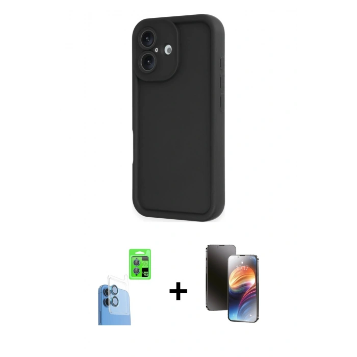 MARSİLYAN™- iPhone 16 Kılıf Yankı Yansıma Özel Seri - Siyah 3D Antistatik Mat Seramik Nano Ekran Koruyucu + Raze Metal Kamera Lens - LT