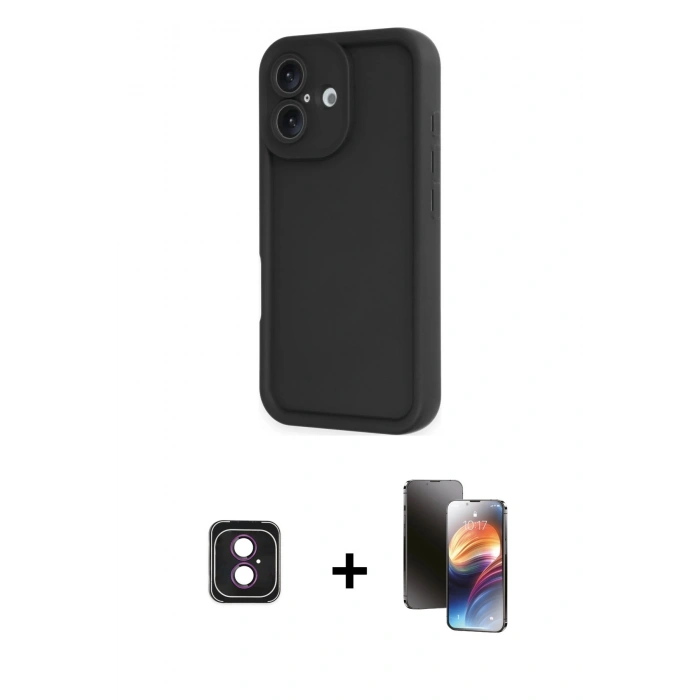MARSİLYAN™- iPhone 16 Kılıf Yankı Yansıma Özel Seri - Siyah 3D Antistatik Mat Seramik Nano Ekran Koruyucu + PVD Metal Kamera Lens - PE