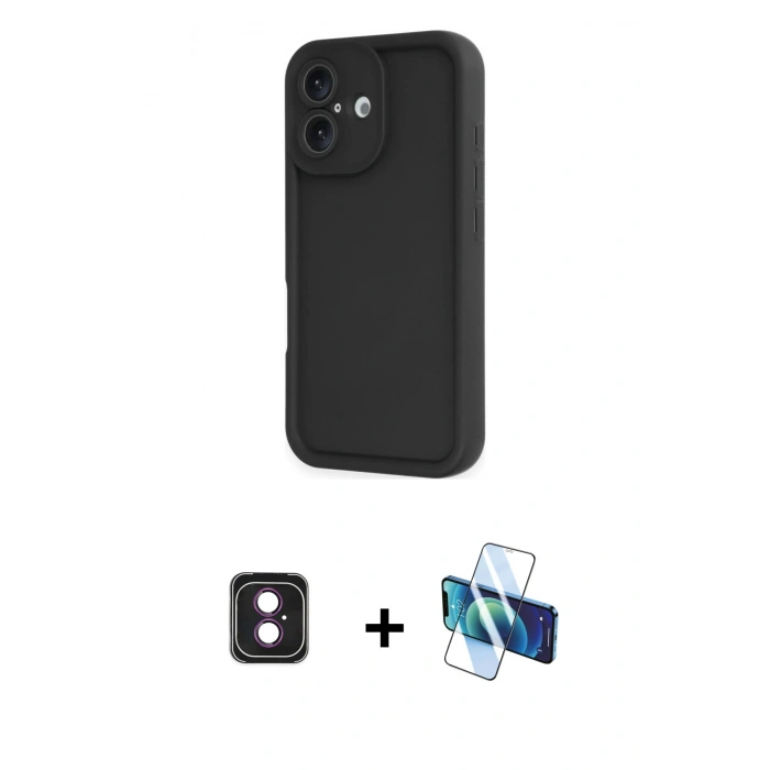 MARSİLYAN™- iPhone 16 Kılıf Yankı Yansıma Özel Seri - Siyah 3D Antistatik Seramik Nano Ekran Koruyucu + PVD Metal Kamera Lens - PE