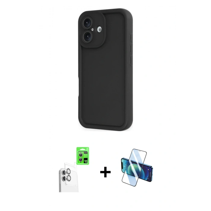 MARSİLYAN™- iPhone 16 Kılıf Yankı Yansıma Özel Seri - Siyah 3D Antistatik Seramik Nano Ekran Koruyucu + Raze Metal Kamera Lens - BZ