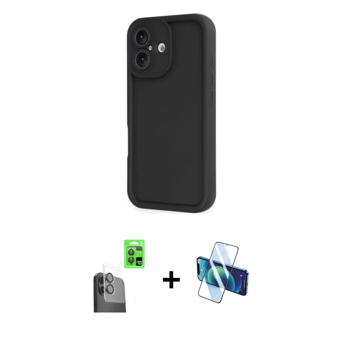 MARSİLYAN™- iPhone 16 Kılıf Yankı Yansıma Özel Seri - Siyah 3D Antistatik Seramik Nano Ekran Koruyucu + Siyah Raze Metal Kamera Lens