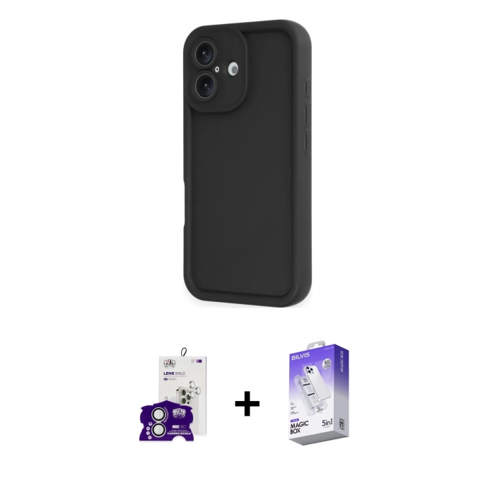 MARSİLYAN™- iPhone 16 Kılıf Yankı Yansıma Özel Seri - Siyah Bilvis 5in1 3D Magic Cam Ekran Koruyucu + Bilvis Titan Kamera Lens - GS