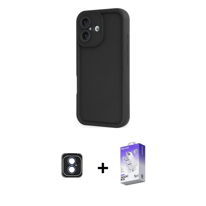 MARSİLYAN™- iPhone 16 Kılıf Yankı Yansıma Özel Seri - Siyah Bilvis 5in1 3D Magic Cam Ekran Koruyucu + Mavi PVD Metal Kamera Lens
