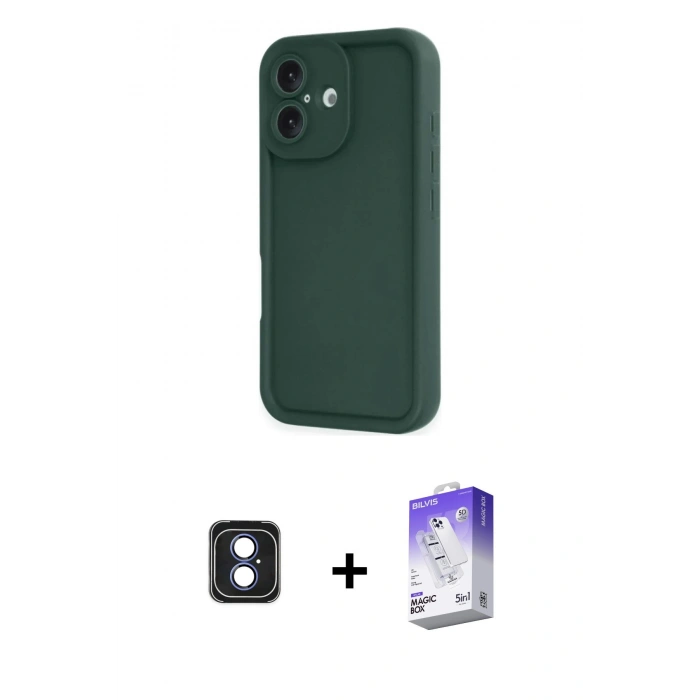 MARSİLYAN™- iPhone 16 Kılıf Yankı Yansıma Özel Seri - Siyah Bilvis 5in1 3D Magic Cam Ekran Koruyucu + Mavi PVD Metal Kamera Lens