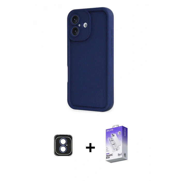 MARSİLYAN™- iPhone 16 Kılıf Yankı Yansıma Özel Seri - Siyah Bilvis 5in1 3D Magic Cam Ekran Koruyucu + Mavi PVD Metal Kamera Lens