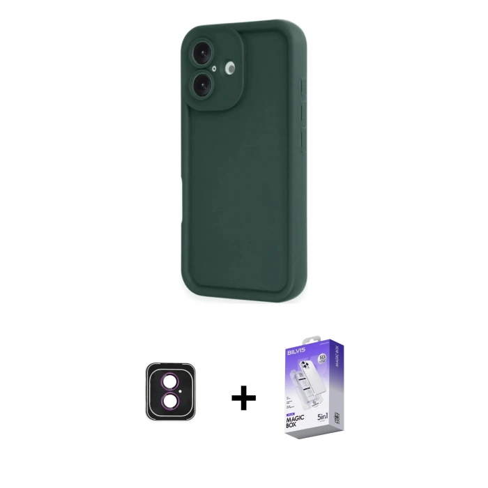 MARSİLYAN™- iPhone 16 Kılıf Yankı Yansıma Özel Seri - Siyah Bilvis 5in1 3D Magic Cam Ekran Koruyucu + PVD Metal Kamera Lens - PE