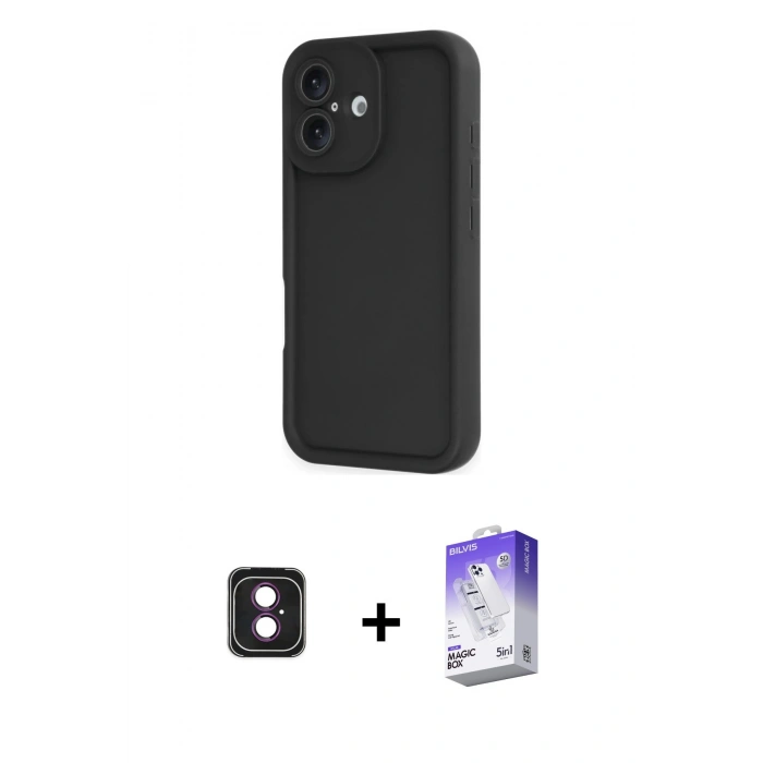MARSİLYAN™- iPhone 16 Kılıf Yankı Yansıma Özel Seri - Siyah Bilvis 5in1 3D Magic Cam Ekran Koruyucu + PVD Metal Kamera Lens - PE