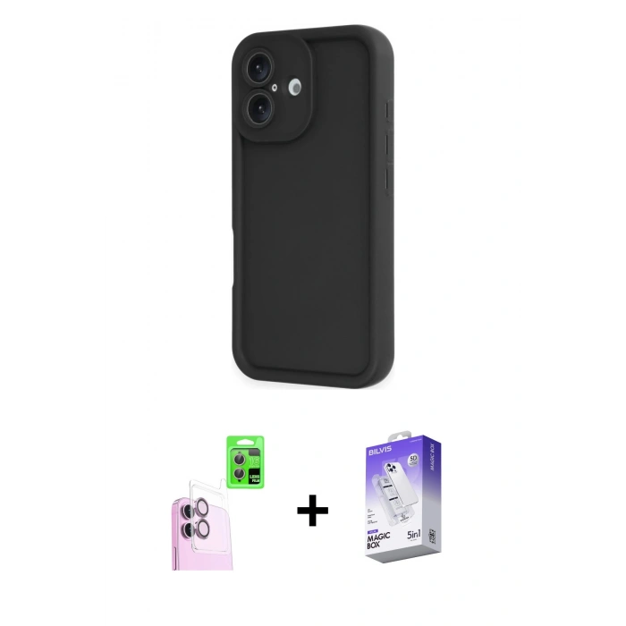 MARSİLYAN™- iPhone 16 Kılıf Yankı Yansıma Özel Seri - Siyah Bilvis 5in1 3D Magic Cam Ekran Koruyucu + Raze Metal Kamera Lens - PE
