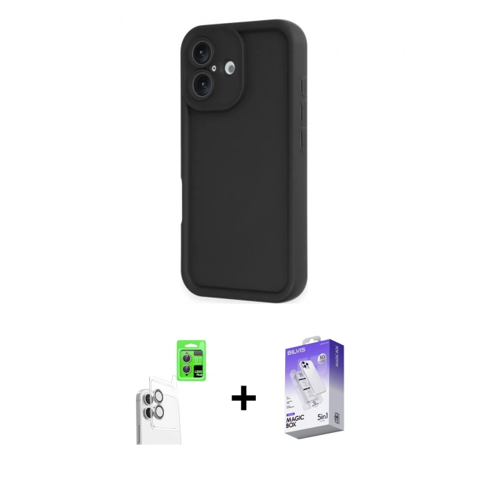 MARSİLYAN™- iPhone 16 Kılıf Yankı Yansıma Özel Seri - Siyah Bilvis 5in1 3D Magic Cam Ekran Koruyucu + Raze Metal Kamera Lens - BZ